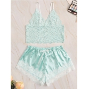 Lovely Spaghetti Strap Lace Patchwork Blue Sleepwe