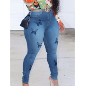 Lovely Casual Butterfly Print Blue Jeans