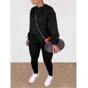 Lovely Casual O Neck Long Sleeve Black Plus Size T