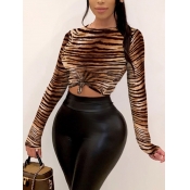 Lovely Casual Tiger Pattern Print Brown T-shirt