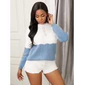 Lovely Chic O Neck Patchwork Blue Sweater