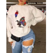 Lovely Casual O Neck Butterfly Print White Hoodie