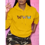 Lovely Casual Hooded Collar Butterfly Print Yellow