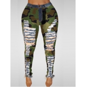 Lovely Casual Broken Holes Camo Print Jeans