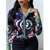 Lovely Stylish Turndown Collar Print Blue Blouse