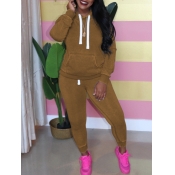 Lovely Casual Hooded Collar Kangaroo Pocket Brown 