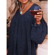 LW Stylish V Neck Fold Design Loose Dark Blue Blou