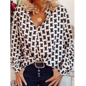 LW Casual V Neck Geometric Print White Blouse