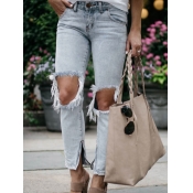 Lovely Casual Broken Holes Baby Blue Denim Jeans