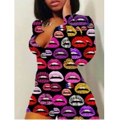 Lovely Casual Lip Print Skinny Black One-piece Rom