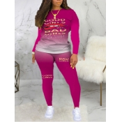 Lovely Casual Gradient Lip Print Rose Red Two Piec