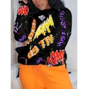 LW Casual O Neck Letter Print Black Hoodie