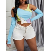Lovely Trendy Color-lump Patchwork Blue T-shirt