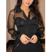 Lovely Sweet Turndown Collar Mesh Patchwork Black 