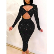 Lovely Sexy Hollow-out Sequined Skinny Black Mid C
