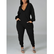 Lovely Plus Size Casual V Neck Pocket Design Black
