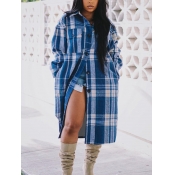 Lovely Casual Turndown Collar Grid Print Blue Coat