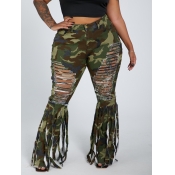 Lovely Trendy Broken Holes Tassel Design Camo Prin