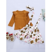 Lovely Girl Trendy O Neck Floral Print Brown Two-p