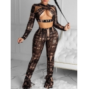 Lovely Sexy Print Hollow-out Dark Coffee Two Piece