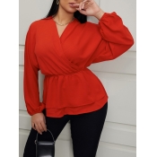 Lovely Trendy V Neck Loose Jacinth Blouse