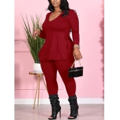 Lovely Casual V Neck Long Sleeve Red Plus Size Two