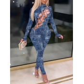 Lovely Stylish Turtleneck Print Bandage Design Blu