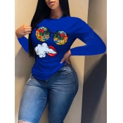 Lovely Casual O Neck Lip Print Blue T-shirt