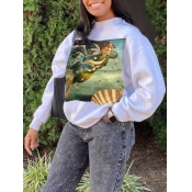LW BASICS Casual O Neck Cartoon Print Grey Hoodie