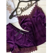 Lovely V Neck Lace Trim Patchwork Purple Sleepwear