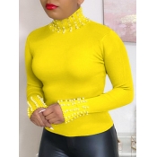 Lovely Street Turtleneck Pearl Decorative Yellow T