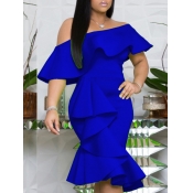 Lovely Stylish Off The Shoulder Flounce Design Blu