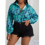 Lovely Stylish Floral Print Patchwork Blue Blouse