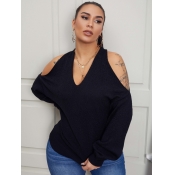 Lovely Casual V Neck Off The Shoulder Black Sweate