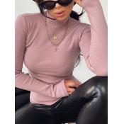 Lovely Casual Turtleneck Basic Skinny Dusty Pink S