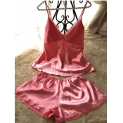 Lovely V Neck Lace Patchwork Pink Sleepwear