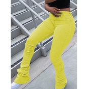 Lovely Casual Fold Design Skinny Yellow Jeans