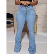 Lovely Trendy Flared Button Design Baby Blue Jeans