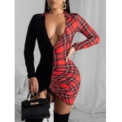 Lovely Chic Plaid Print Drawstring Black Mini Dres