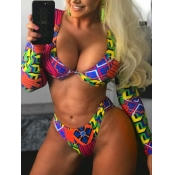 Lovely Bohemian V Neck Print Green Two-piece Swims