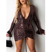Lovely Sexy Flared Drawstring Patchwork Brown Mini