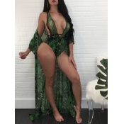 Lovely Bohemian Print Hollow-out Green Two-piece S