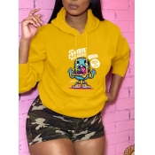 Lovely Casual Hooded Collar Print Yellow Hoodie
