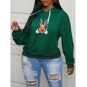 Lovely Casual Hooded Collar Print Drawstring Green