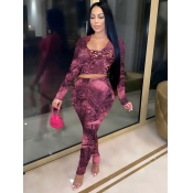 Lovely Casual Print Lace-up Dull Red Two Piece Pan