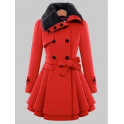 Lovely Trendy Button Fold Design Red Woolen Coat