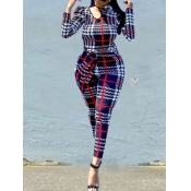 Lovely Casual Plaid Print Hollow-out Deep Blue Plu