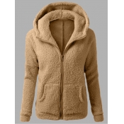 Lovely Casual Hooded Collar Kangaroo Pocket Khaki 