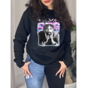 Lovely Casual Portrait Print Patchwork Black Hoodi