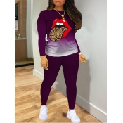 Lovely Casual Gradient Lip Print Purple Two Piece 